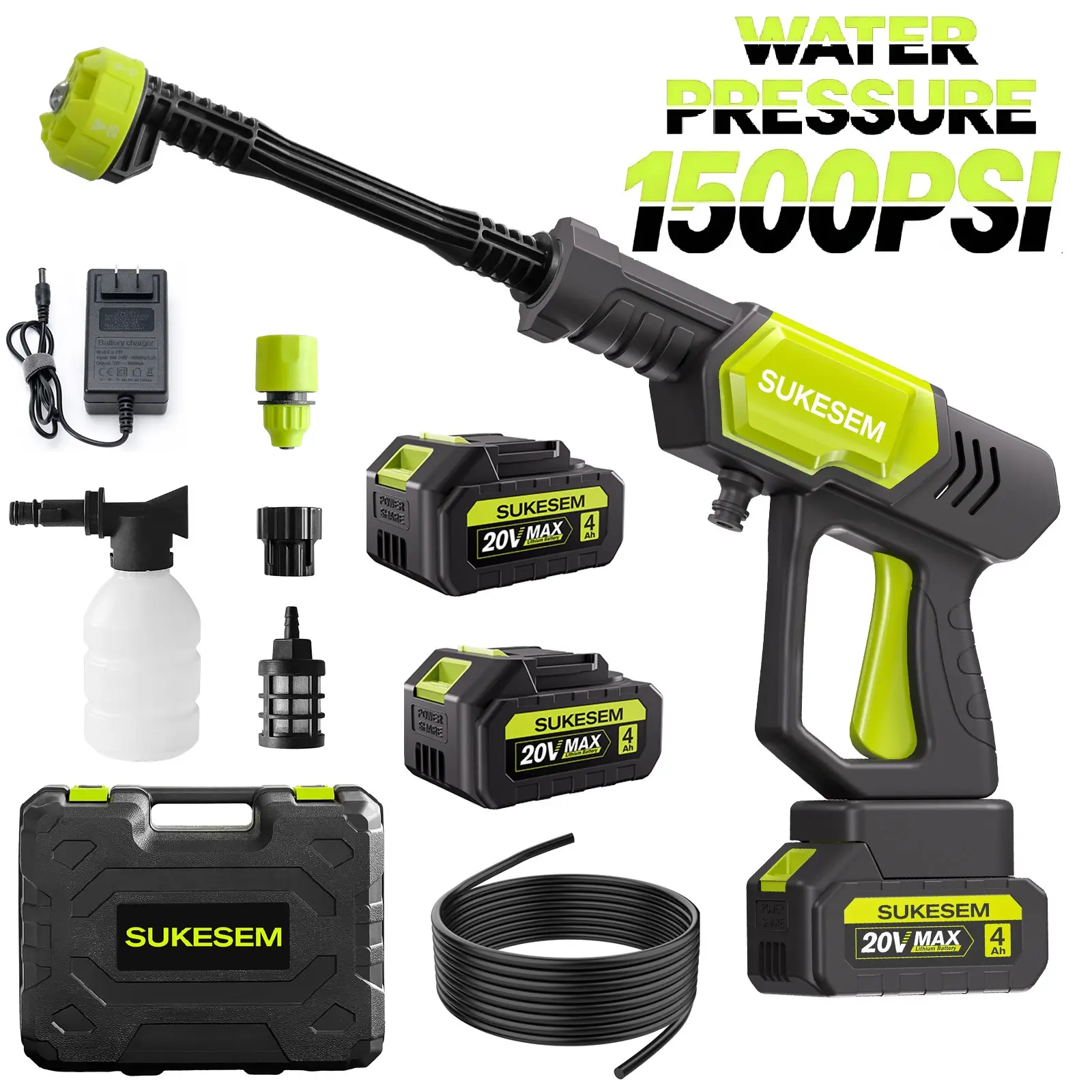 SUKESEM Cordless Electric High Pressure Washer, Portable Car Water Cleaner with 6-in-1 Nozzle, Ideal for Car Washing, Household Cleaning, Garden Watering, Holiday Gift