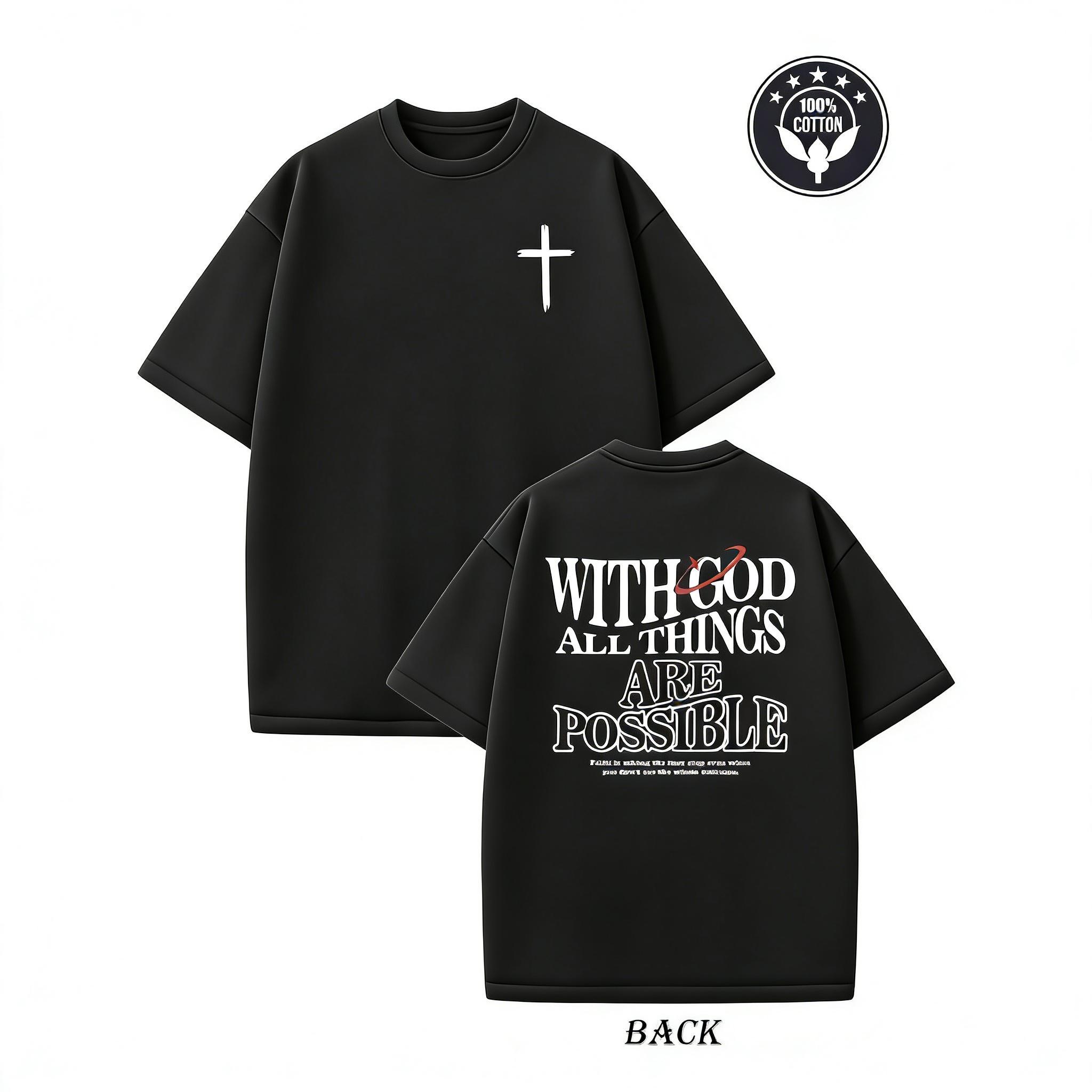 Men's Heavyweight 230gsm Cotton Vintage Washed T-Shirt - Dual-Sided "with God All Things Possible"Cross Print, Loose Fit Hip Hop Streetwear, Round Neck Short Sleeve Casual Tee for Casual Attire, Ribbed Neckline Shirt Crewneck Knit Fabric Tshirt