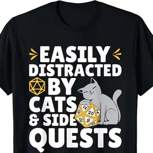 Funny RPG Gamer Cat & D20 Graphic Cotton T-Shirt, Distracted Cat Gamer Casual Crew Neck Tee Ideal Holiday Gift