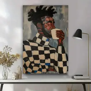 Framed African American Canvas Wall Art Black And Whint People Abstract Pictures Wall Decor Fashion Modern  Drinking Coffee Poster Prints For Kitchen Bedroom Scene Home Decoration