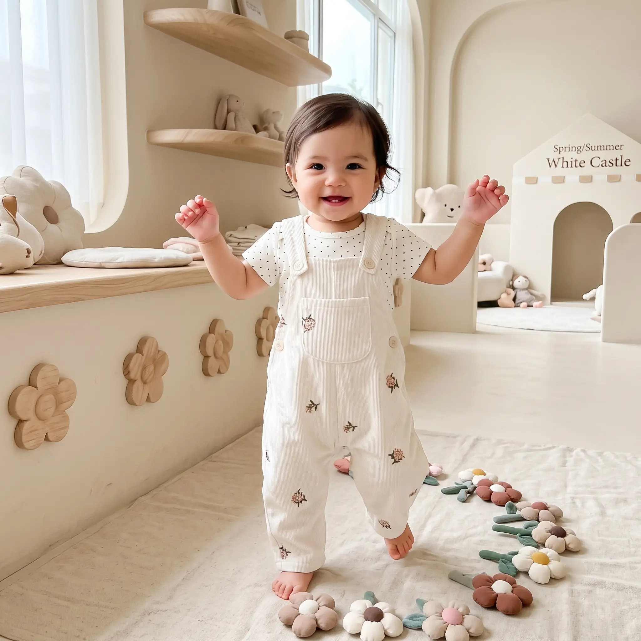 Gender Neutral Floral Embroidery Baby Overalls, Soft Corduroy Daily Infant Jumpsuit