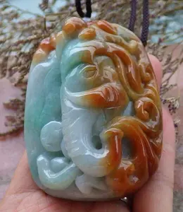 Certified Hand Carved 3 color Natural Myanmar Burma A Jade jadeite Elephant Bat Ruyi Lucky Amulet Pendant Necklace