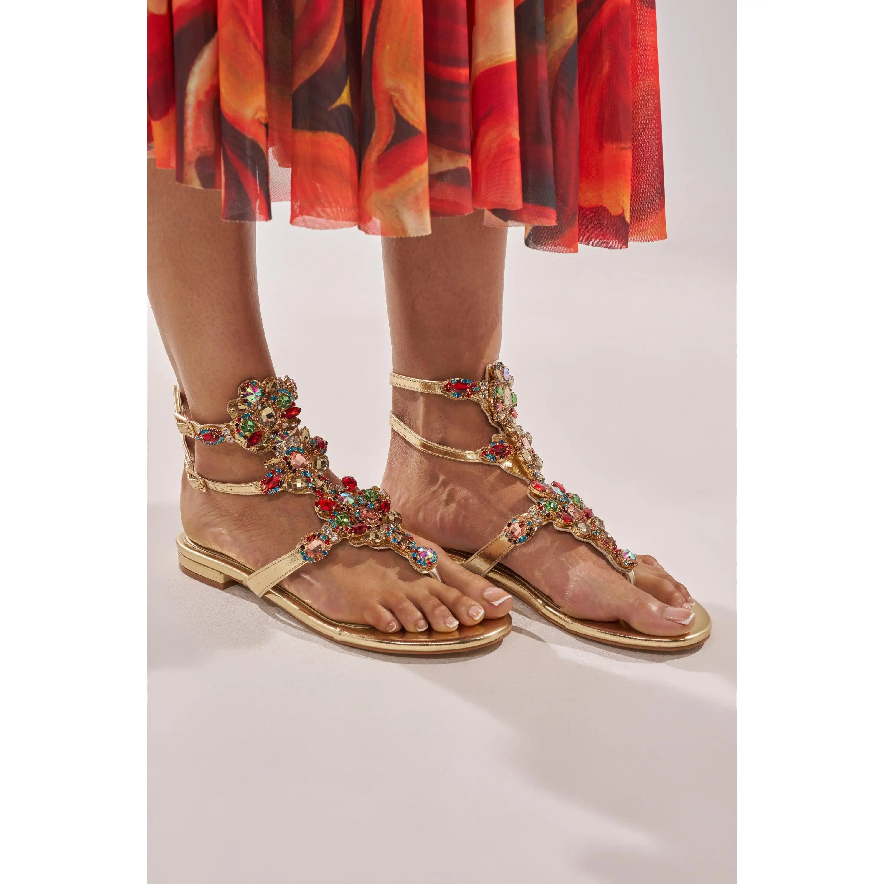 AZALEA WANG OLISA GOLD RHINESTONE EMBELLISHED FLAT SANDAL
