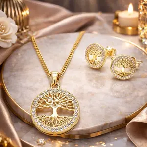 Gold Laminated Tree of Life Jewelry Set with Necklace and Earrings for Women