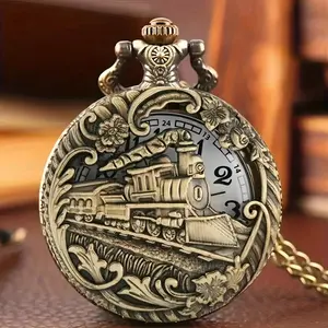 Vintage Bronze Hollow Train Engraved Quartz Pocket Watch, Necklace Style Wristwatch, Round Alloy Case, Non-Waterproof, Electronic Movement - Ideal Gift for Men, Jewelry Gift |   Classic Wrist Watch |   Antique Bronze Finish