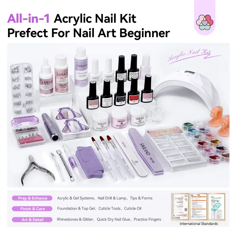 SAVILAND Essentials Acrylic Nail Kit – All-in-1 Set with Lamp EMA Monomer Gel Polish Nail Drill Cuticle Remover for Home DIY Starters SAVILAND Essentials Acrylic Nail Kit – All-in-1 Set with Lamp EMA Monomer Gel Polish Nail Drill Cuticle Remover for Home DIY Starters