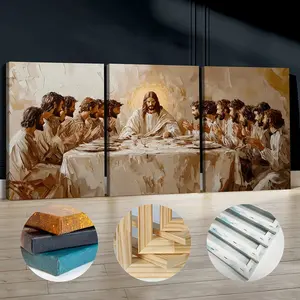 3-piece set The Last Supper - Christ and the disciples - Leonardo da Vinci inspired religious wall art, with light halo effect, wrapped canvas and wooden frame, ready-to-hang spiritual home decor, suitable for living room, bedroom, office - classic elegan