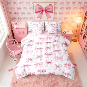 Girls Kawaii Pink Bowknot Comforter Bed Set,7 Piece Princess Ribbon Bow Bed Bag with Sheets,Kids Teens Women Cute Pink Bow Tie Bedding Set,Girly Bed Set