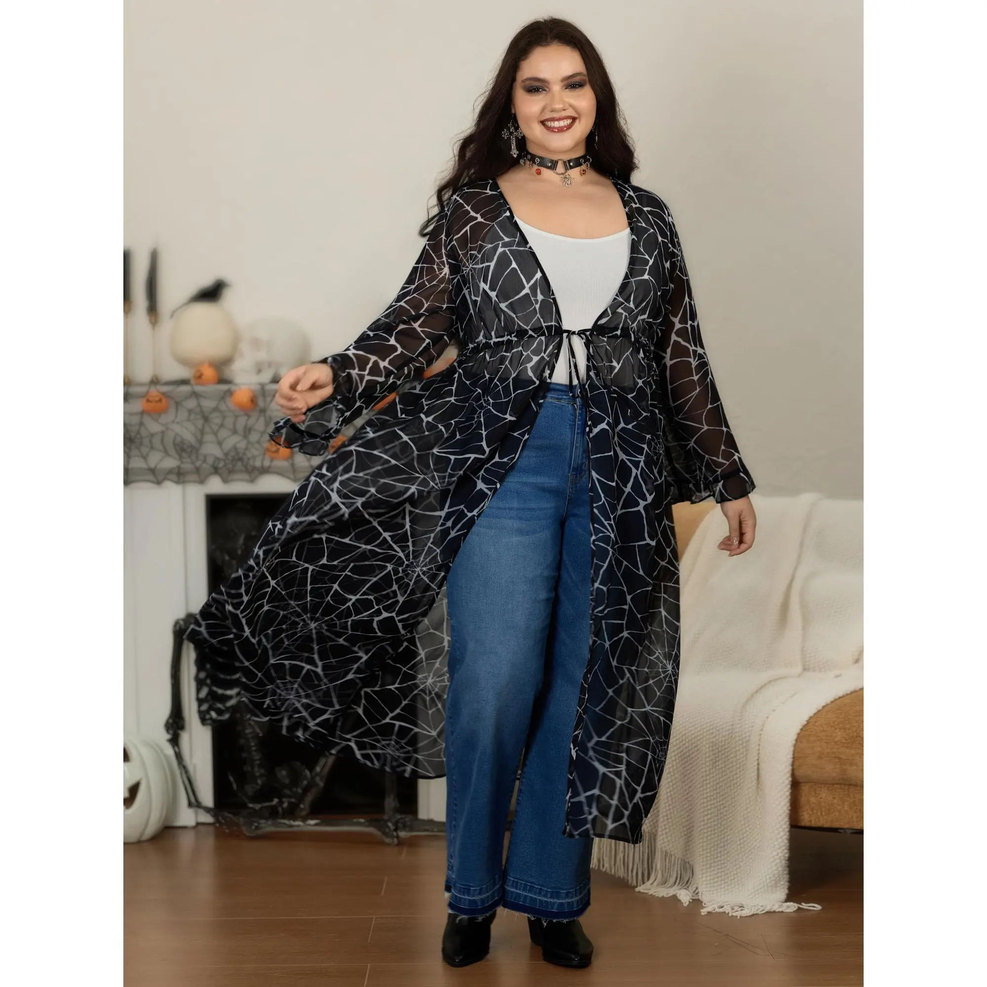 BloomChic Plus sizeSpider Web Print Sheer Chiffon Drawstring Waist Kimono[M-6X]Back To School,Fall Pick, Spotlight Day，SohoChic