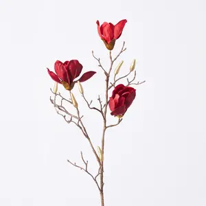 Red Lux Velvet Magnolia Bloom & Gold Dipped Bud Faux Christmas Floral Spray Branch - 35"