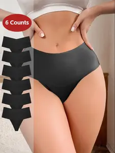 6-Pack High-Waisted Women's Thongs, V-Cut Comfortable Underwear, Seamless Daily Wear Panties, Suitable for All Seasons