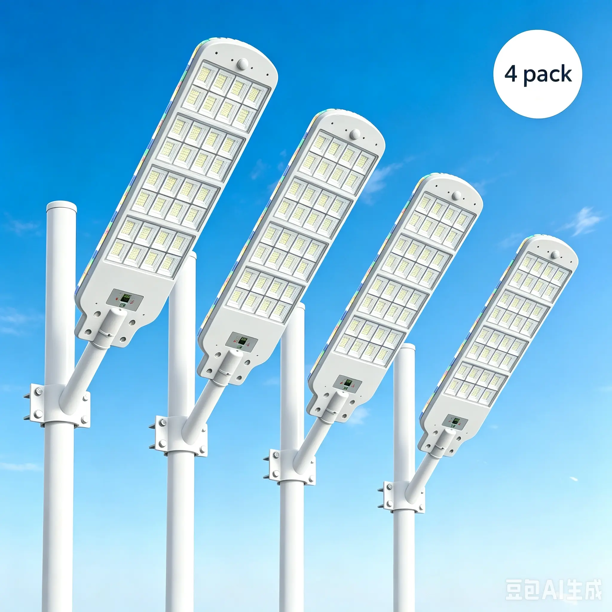 4 Pack,26-Inch IP65 Waterproof Solar Street Flood Light, Outdoor Wall-Mount Fixture with Remote Control, Motion Sensor, RGB Side Lights, Dusk-to-Dawn Function for Entryway, Driveway