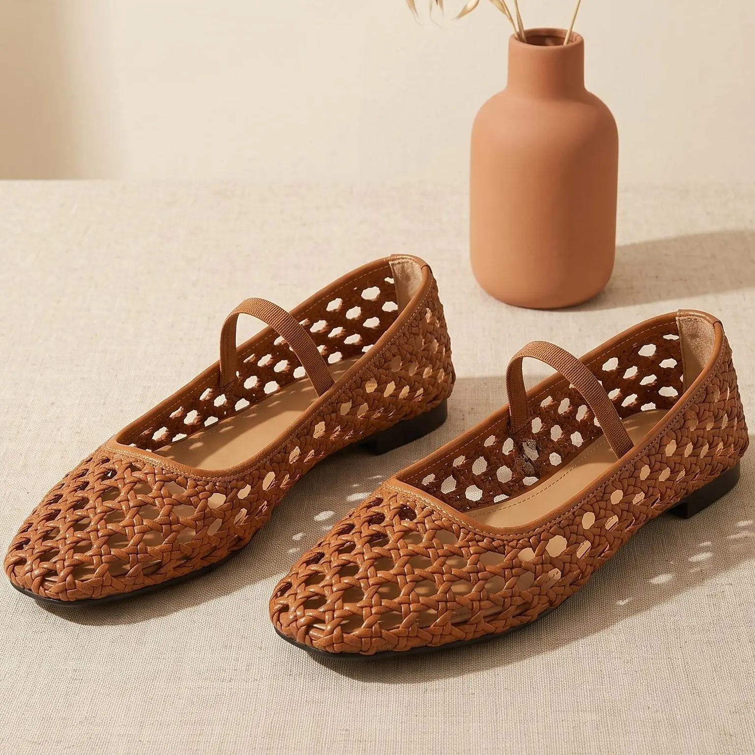 Woven Flats for Women, Elegant Comfortable Breathable Mary Jane Ballet Shoes, Closed-Toe Casual Dress Shoes