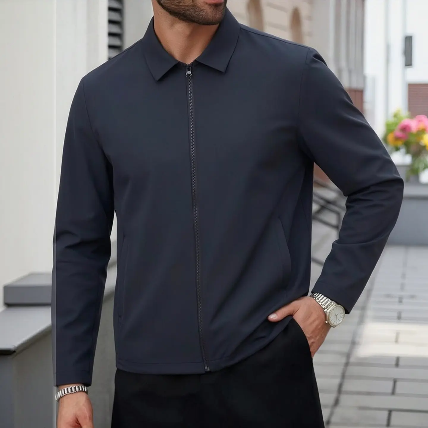 Men's Navy Blue Solid Casual Zip-Up Long-Sleeve Jacket with Zip Detail for Everyday Wear
