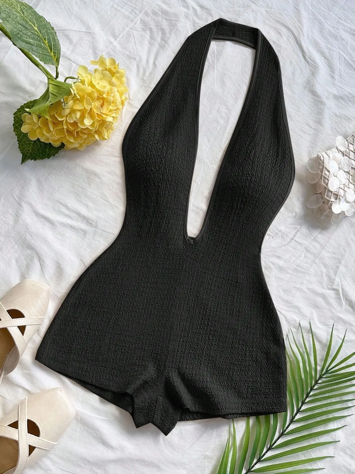 European Style Chic Halter Neck Deep V Backless Sleeveless One-Piece Shorts, Striped Bodycon Waistcoat, Beach Vacation, Streetwear, Date, Womenswear