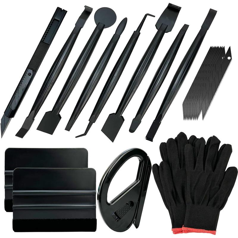 Automotive Vinyl Wraps Tools Tint Film Kit with 2 Pairs Vinyl Wrap Gloves, 4inch Felt , Scraper, Edge Trimmer, Utility Film , Black