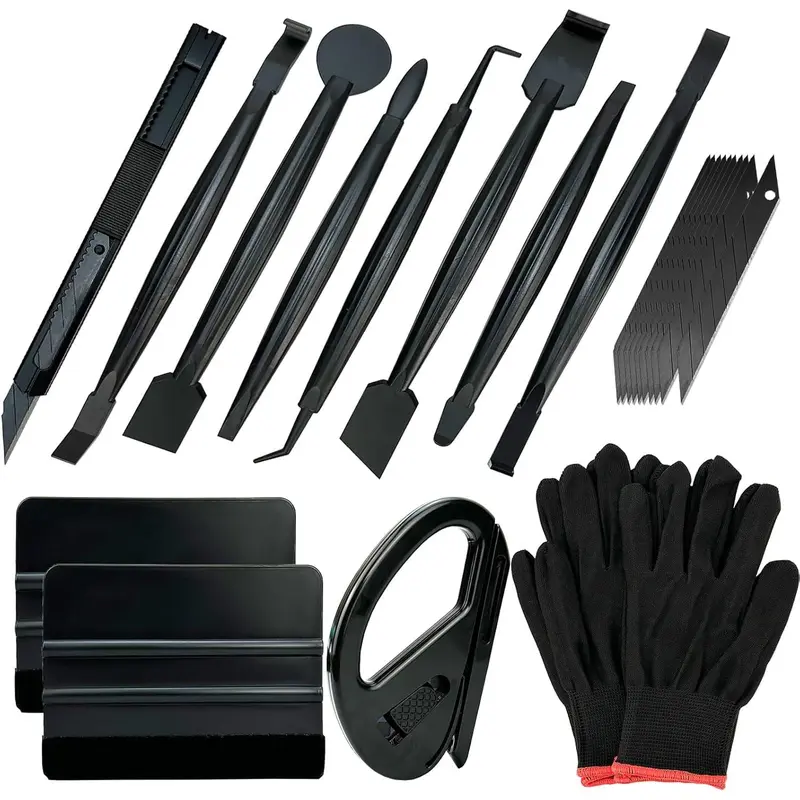 Automotive Vinyl Wraps Tools Tint Film Kit with 2 Pairs Vinyl Wrap Gloves, 4inch Felt , Scraper, Edge Trimmer, Utility Film , Black