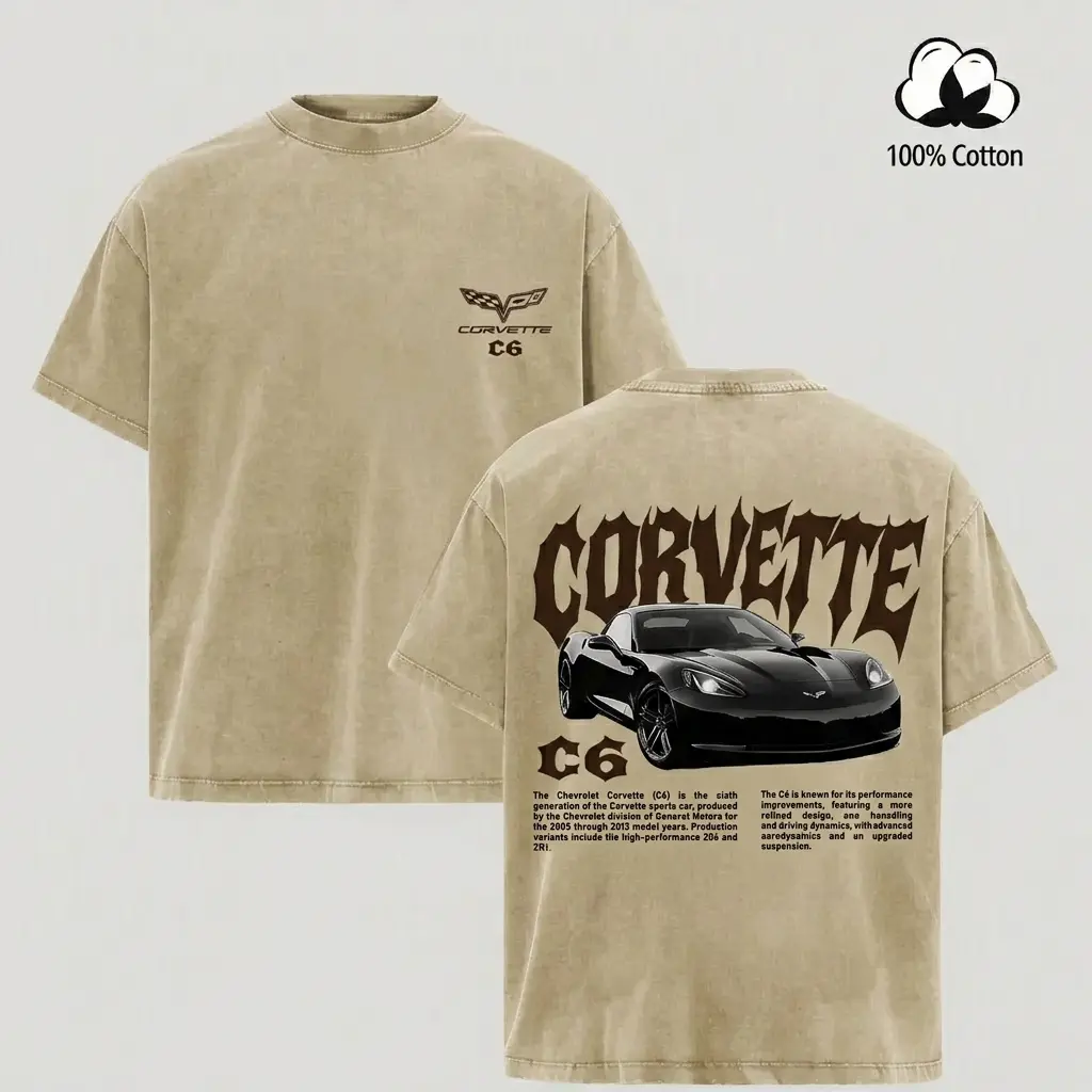 Chevrolet Corvette C6 Sports Car Double Sided Unisex Washed Khaki Tshirt Mens Vintage Graphic Tee, Boyfriend fit shirt, Oversized top for women, Car enthusiast streetwear, Muscle car clothing, Gearhead gift for him, Racing aesthetic