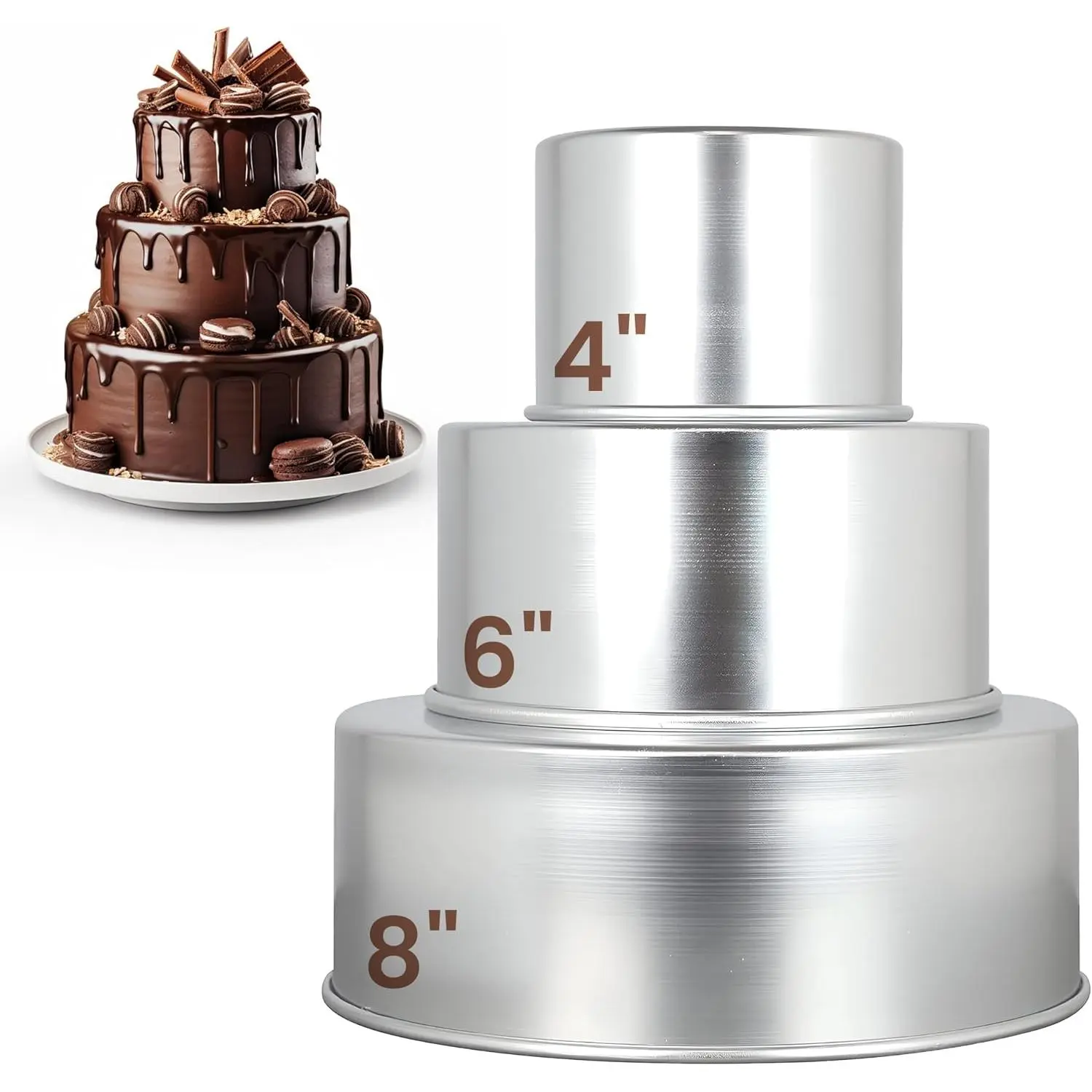 Auntie Kitchen High Round Cake Pan - 4inch , 6inch , 8inch Cake Pan Set Suitable for Three-Layer Aluminum Pan Set for Baking Weddings, Birthday Cakes, Leak-Proof and Straight Edge, Non-Toxic and Dishwasher Safe