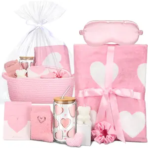 Summer Spring Gift  Basket for Her 9-Piece Spa Relaxation Set Heart Blanket Candle Fuzzy Socks Glass Cup Hair Scrunchie Eye Mask Pink