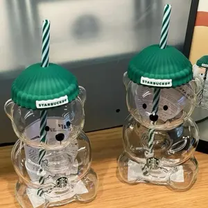 Starbucks Holidsy Bearista Glass Bear Tumbler - LIMITED EDITION with Green Lid and Striped Straw