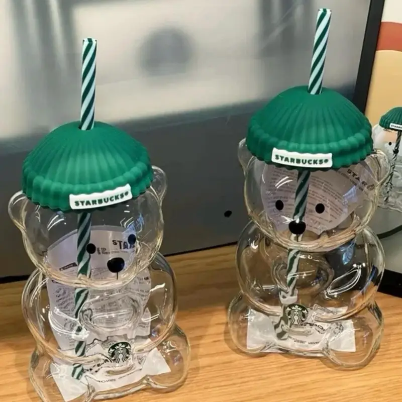 Starbucks Holidsy Bearista Glass Bear Tumbler - LIMITED EDITION with Green Lid and Striped Straw