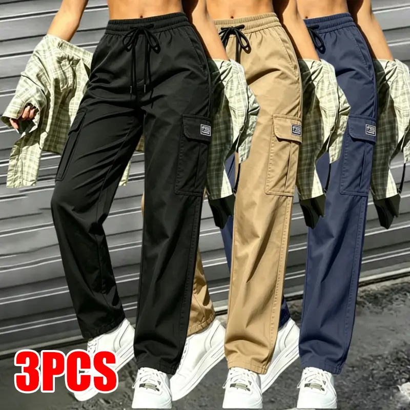Life keeps moving — women’s slimming drawstring cargo pants，3/1pack, versatile straight-leg street style pants, all-season straight-leg pocket pants, Y2K street casual pants, women’s clothing