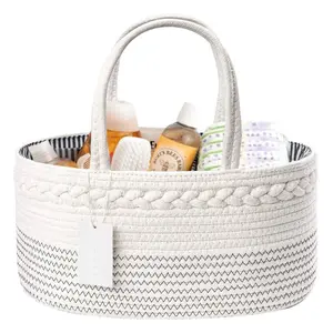 Small Diaper Storage Basket Large Cotton Rope Baby Basket with Removable Partition Off-White Large Size for Changing Table Portable Car Storage Organizer