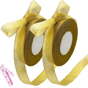 2 Rolls 50 yards Metallic  Glitter Ribbons, 5/8 Inch Sparkly Fabric Width Ribbon for  Wrapping, crafts, Holiday Wedding Birthday Party Decoration Floral DIY work, (25yards  ribbon, 2 pack)