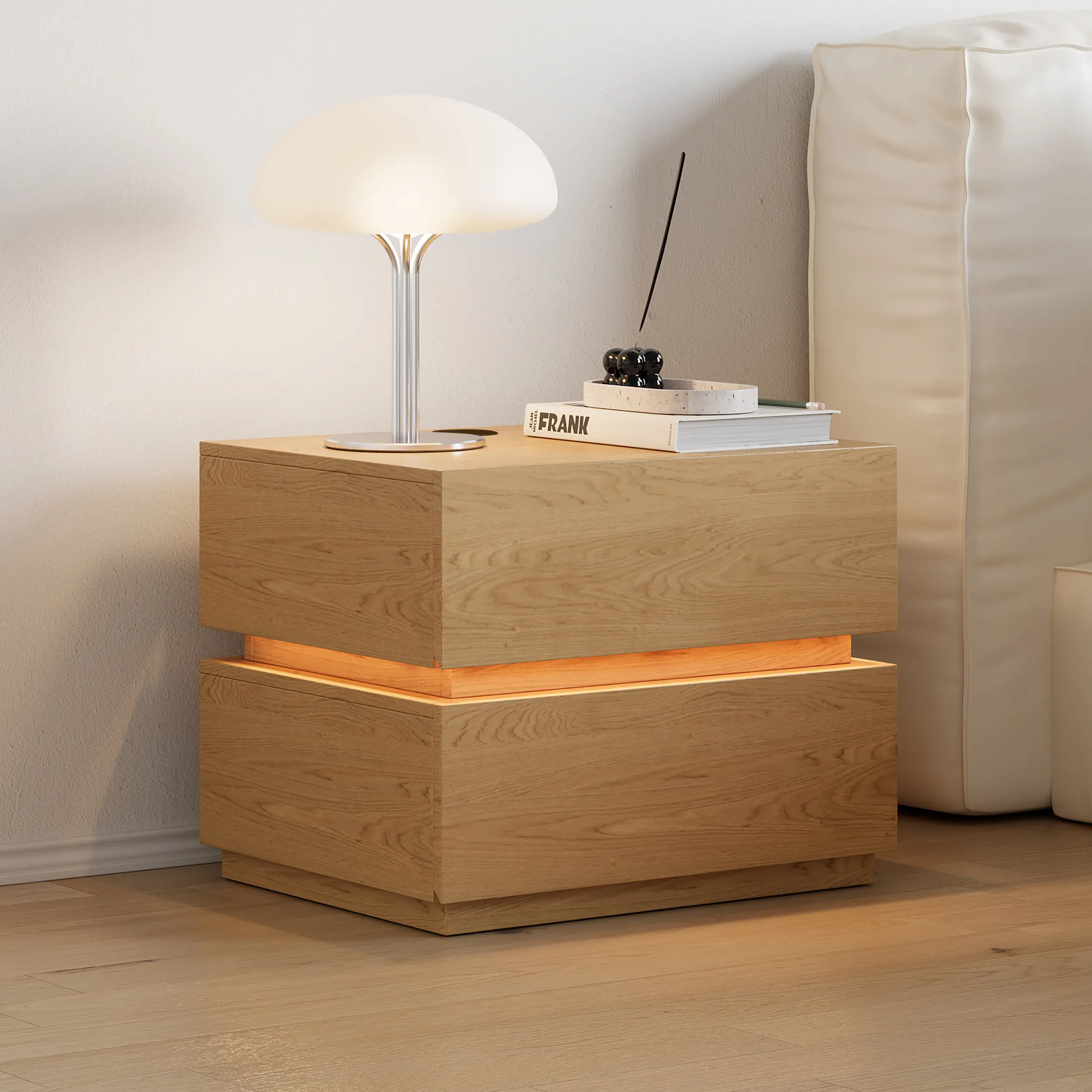 Homary Lumio Modern 2-Drawer LED Nightstand - Wood+Steel Gold Finish Bedroom Furniture, Built-In USB Ports Wireless Charging Station, Multifunctional Storage Bedside Table, Assembly Required, Modern Bedroom