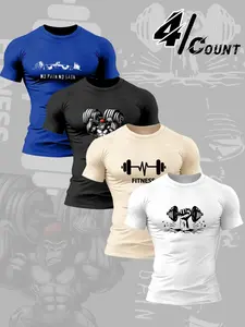 Men's 4-piece gym round neck T-shirt, barbell and "painless no gain" pattern screen printed clothing, highlighting the muscle fit design of the body, ideal for weightlifting, exercise and sports days, durable print for fitness enthusiasts, Gym Workout Tee