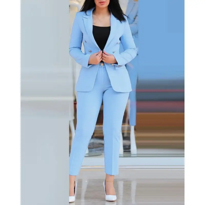 Women's 2-Piece Long-Sleeve Blouse Set - Stylish Polyester Blend Office Wear for Lady, Multi-Size Business Casual Outfit, Classy Two Piece Sets