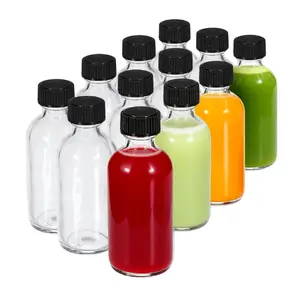 JohnBee 12-Pack 2 oz (60ml) Small Glass Boston Round Bottles with Lids - Leak-Proof Mini Travel Containers for Ginger Shots, Juice, Whiskey, Samples | W/Labels, Funnels & Brushes