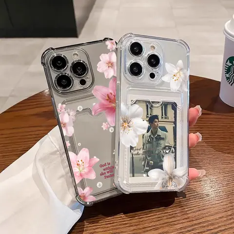 Transparent Photo Card Holder Smartphone Case for iPhone 18 17Pro Max Air-11, Cute Floral & Butterfly Aesthetic Protective Cover, Durable TPU Protector, Handheld Devices Accessories, Gifts for Girls JL96