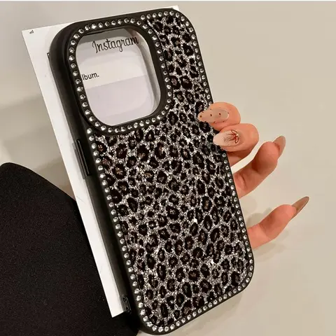 Leopard Print Double-Sided Diamond-Inlaid TPU Smartphone Case, Shockproof Protection Accessory Compatible with iPhone 11-17, iPhone 18 Pro Max Phone Case