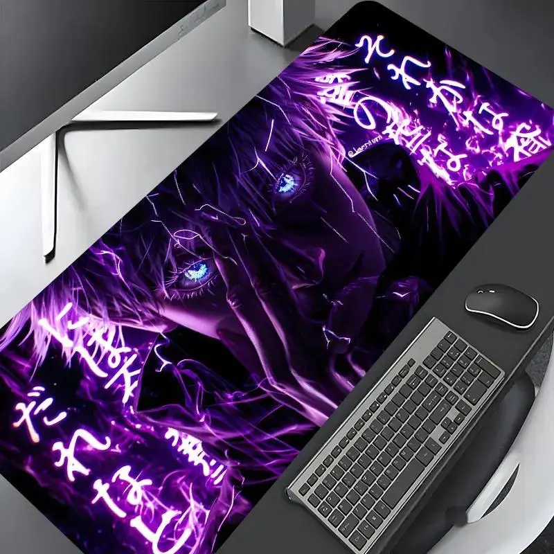 Satoru Gojo Aesthetic Neon Purple Flame Anime Boy Desk Mat Large Gaming Mouse Pad, Cool Dark Glowing Eyes Extended Keyboard Pad with Non-Slip Rubber Base for Gamer Setup