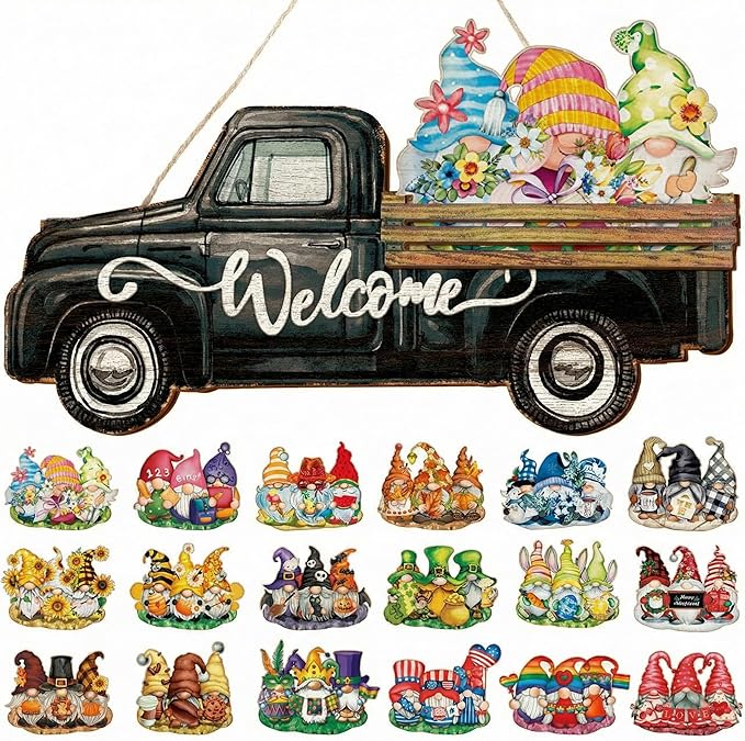 23 Pcs Interchangeable Gnome Welcome Sign for Front Door, Magnetic Seasonal Wooden Truck Door Hanging Decor for Valentines St. Patrick's Day Easter Spring Birthday Holiday Party, Farmhouse Porch Wall Home Decor, Housewarming Gift for Room Office Garden