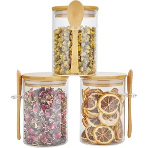 3 Pack Glass Containers Jars with Bamboo Airtight Lid and Spoon, 15Oz Glass Food Storage Canisters, Kitchen Organization Jar Set for Coffee Beans, Tea, Flour, Salt, Nuts, Candy, Cookie and More Utensils Tin