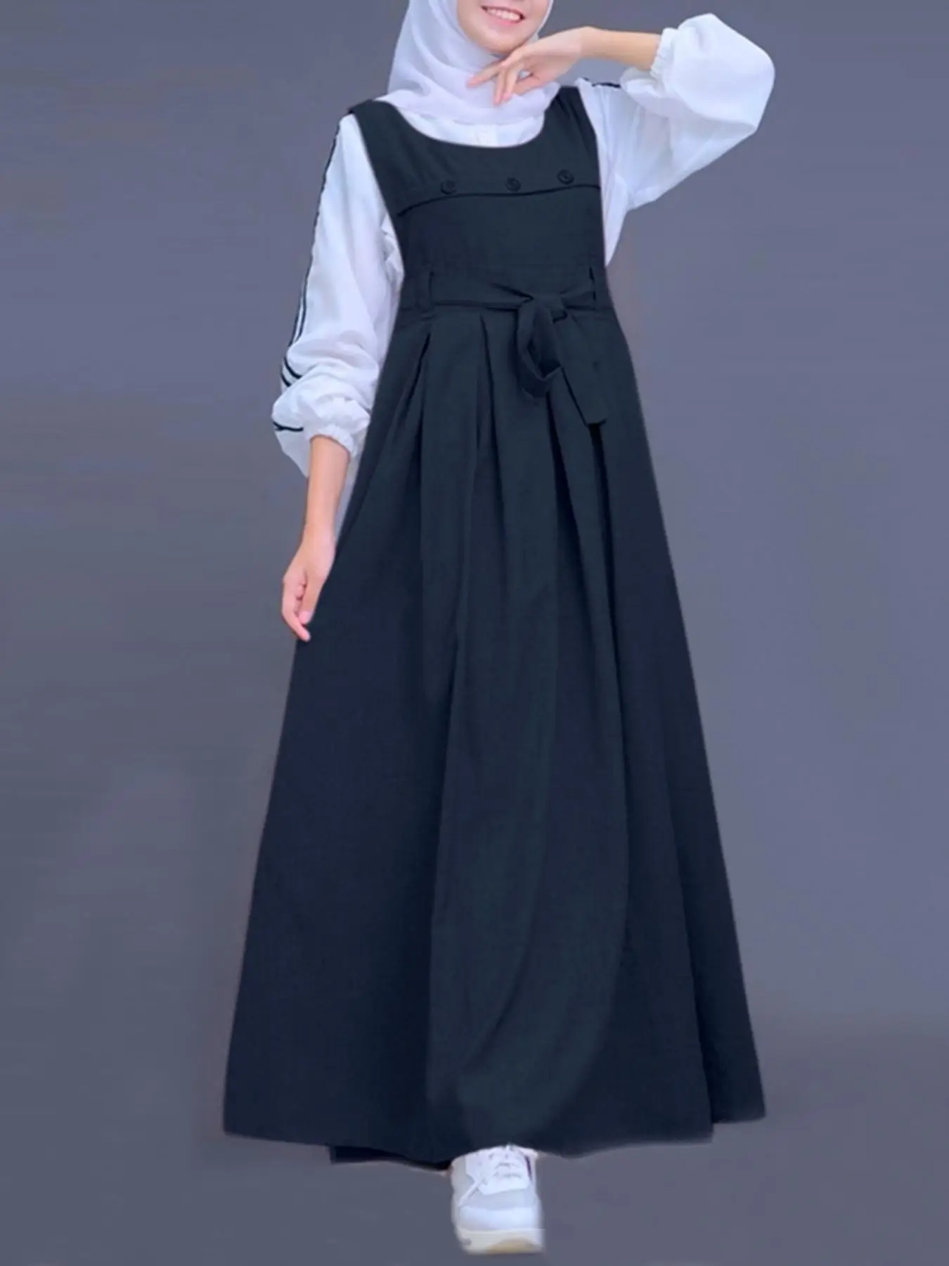 Women's Solid Fake Buttons Decor Belted Pinafore Dress without Inner Top, Casual Knot Front Sleeveless A Line Dress for Fall & Winter, Women's Islamic