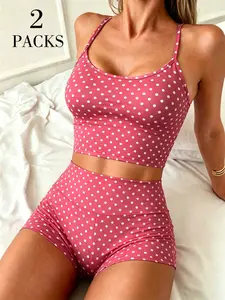 Women's 2 Piece Polka Dot Outfits, Spaghetti Strap Crop Cami Top and High Waisted Biker Shorts Set, Casual Boho Summer Outfits, Trendy Streetwear Matching Loungewear, Slim Fit 2026 Fashion Clothes, Cute 2 Packs Workout Outfits for Daily & Gym Wear
