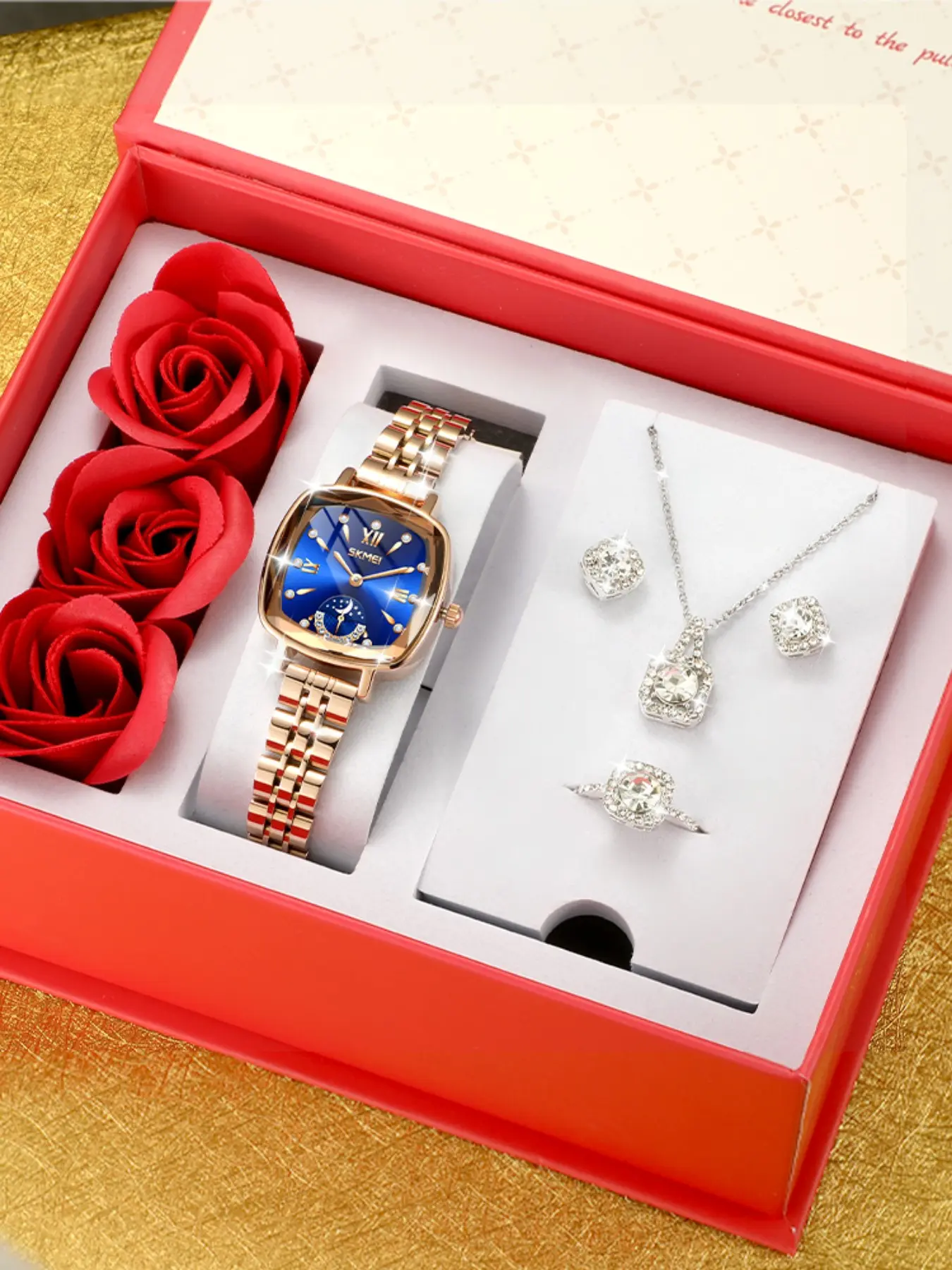 Skmei Women's Elegant Quartz Watch with Rhinestone Bezel, Blue Sandstone Dial with Date Window, Classic Style for All Seasons