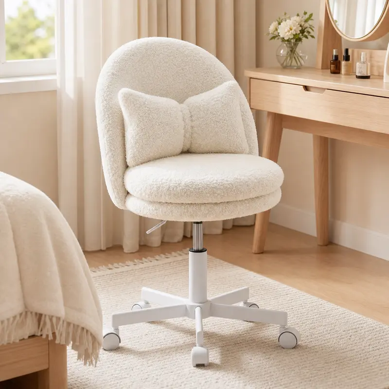 COMHOMA Durable Armless Velvet Teddy Desk Chair - Adjustable Ergonomic, Upholstered Seat Cushion, Bow Lumbar Pillow, 17.7" to 23.6" Height, PU Leather, Rolling Wheels, Compact Armless Vanity Chair, Swivel Stool, Bedroom Furniture, Assembly Required