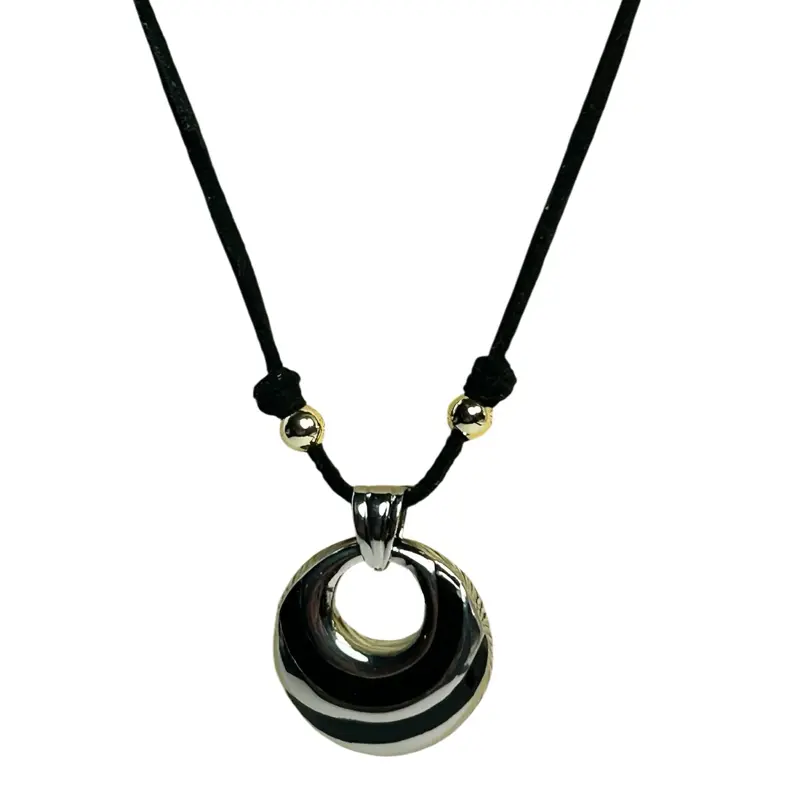 KVO Jewelry Moonlit Eclipse | Founding Piece No. 002 | Handcrafted Black Faux Suede Adjustable Necklace with 32mm Solid Stainless Steel Black & Silver Pendant, 14K Yellow Gold Filled Details, Sliding Closure for Women