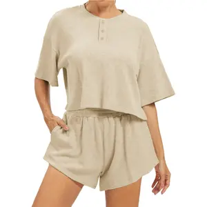 Womens Waffle Knit 2 Piece Short Sets Cap Sleeve Summer 2026 Matching Lounge Outfits Travel Beach Vacation Sweatsuit
