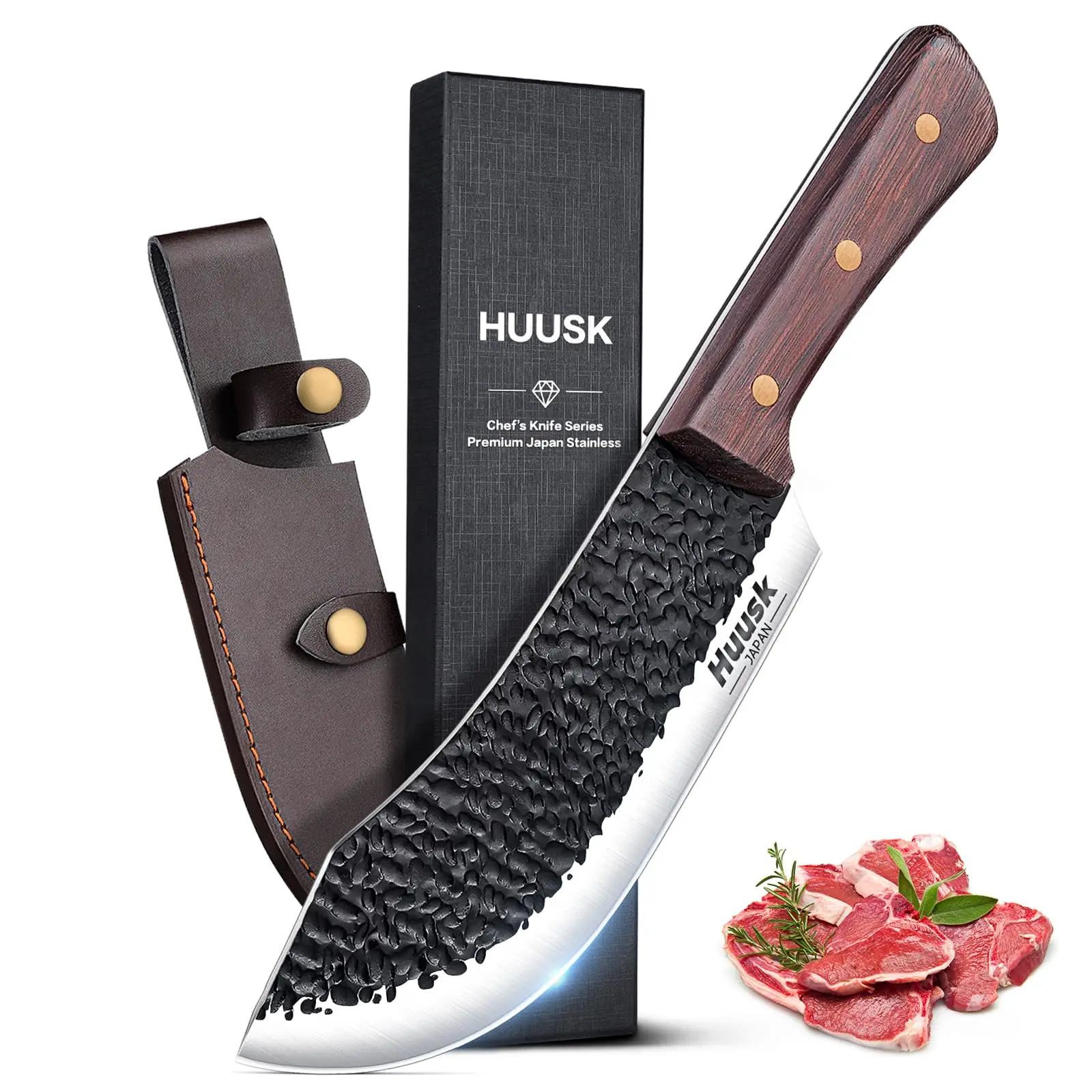 Huusk 7" Hand-Forged Meat Cleaver – High Carbon Butcher Knife with Ergonomic Handle – Ultra Sharp for Kitchen, BBQ, and Outdoor Use