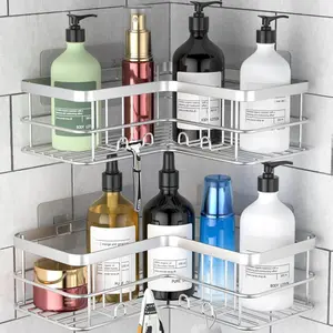 2-Pack Adhesive Corner Shower Caddy – Rustproof Stainless Steel No-Drill Bathroom Organizer Shelves with Hooks (Silver)