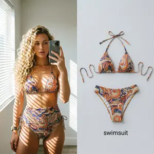 Women’s 3 Piece Paisley Print Bikini Set Halter Triangle Tie Bikini Top Side Tie High Cut Bottom Matching Ruched Cover Up Skirt Hair Band Retro Boho Bathing Suit Swimwear for Beach Pool Tropical Vacation