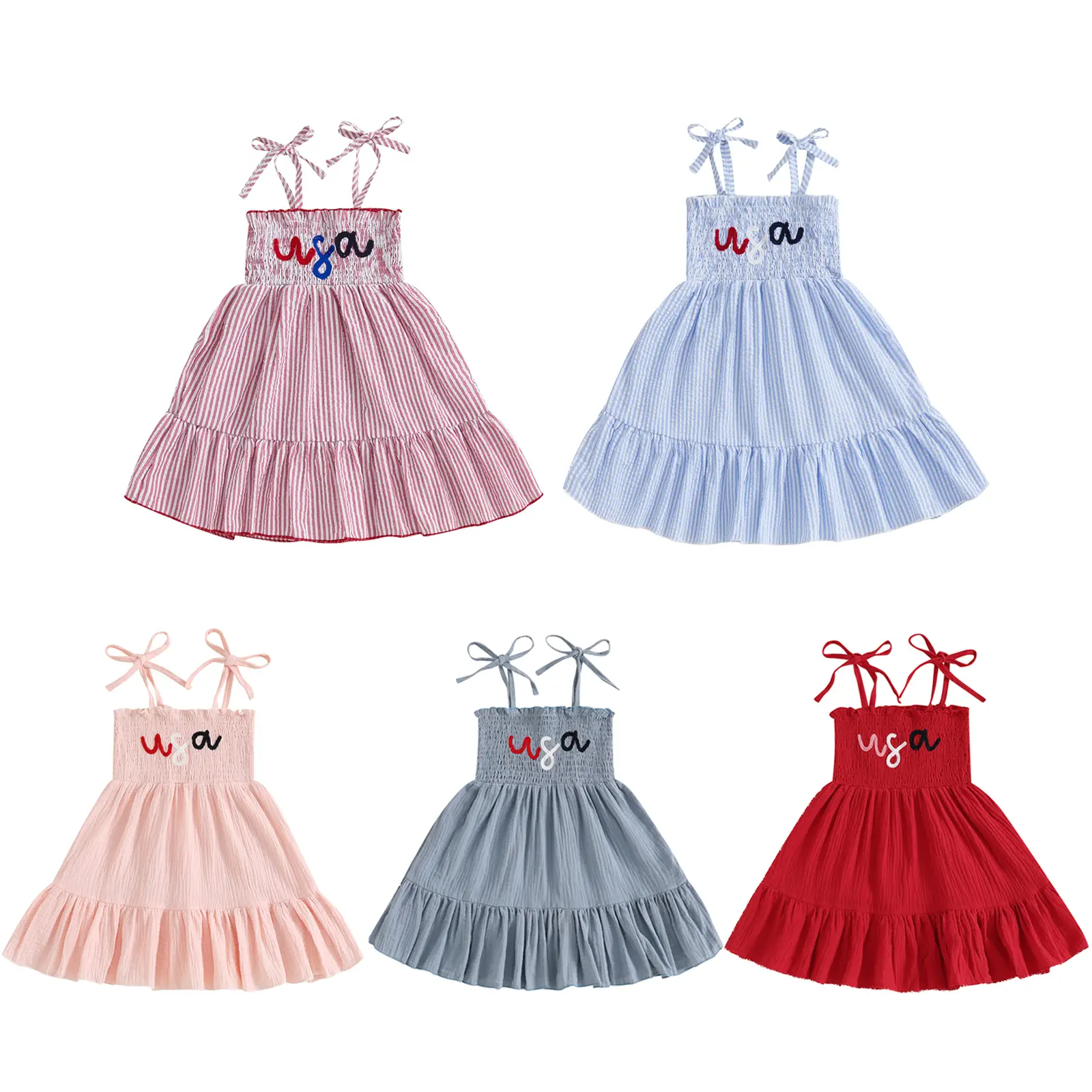 4th of July Toddler Girl USA Smocked Dress Baby Bowknot Tie Up Strap Halter Striped A Line Dresses Memorial Day Clothes