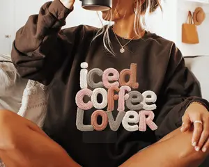 Faux Knit Iced Coffee Lover Crewneck Sweatshirt. Cozy Unisex Pullover Crewneck Sweatshirt for Coffee Lover