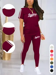 Women's Casual Letter Print Sporty Round Neck Drawstring Short Sleeve Top and Long Pants Two-Piece Set, Fitted Style